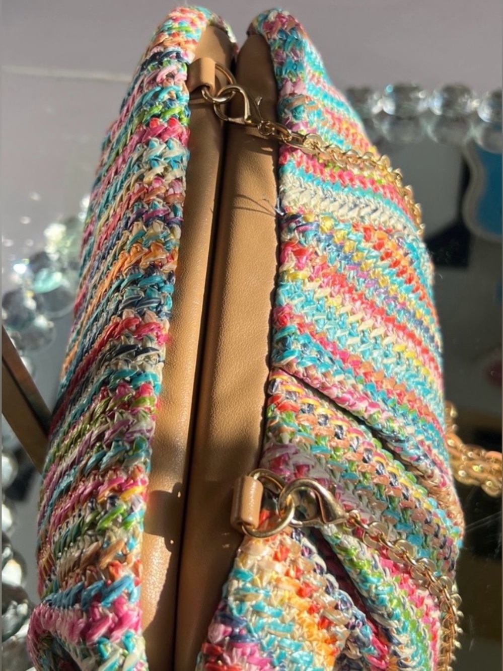 Striped Multicolor Knit Shoulder Bag with Chain Strap - Picture 7 of 8